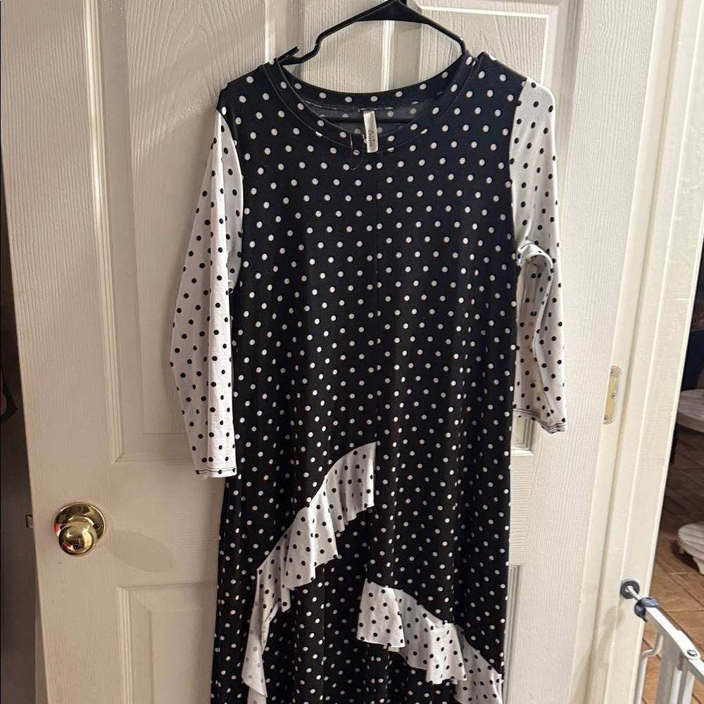 Polka Dot Black and White Midi Dress with Ruffle Detail